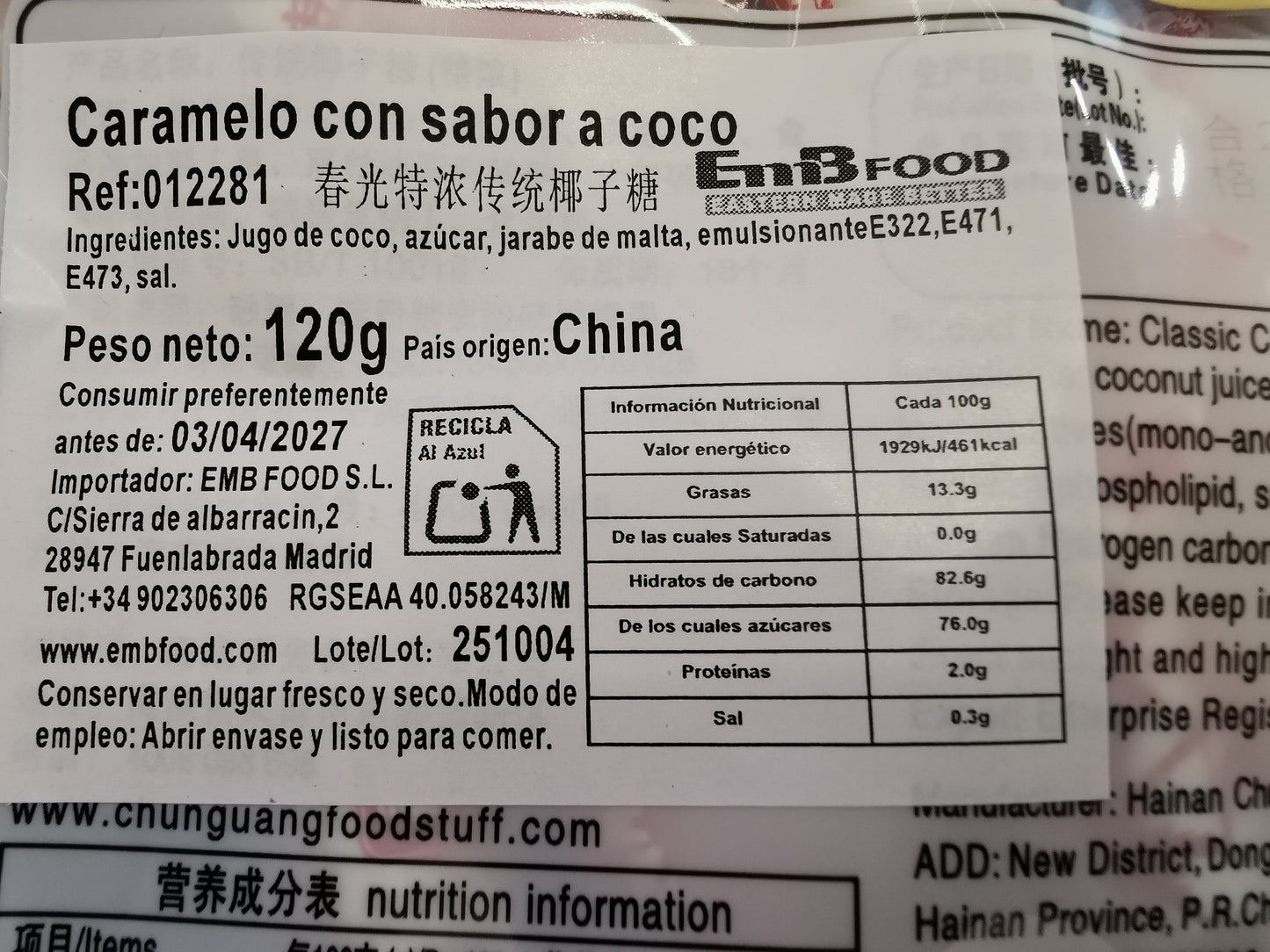 Etiqueta caramelos coco
