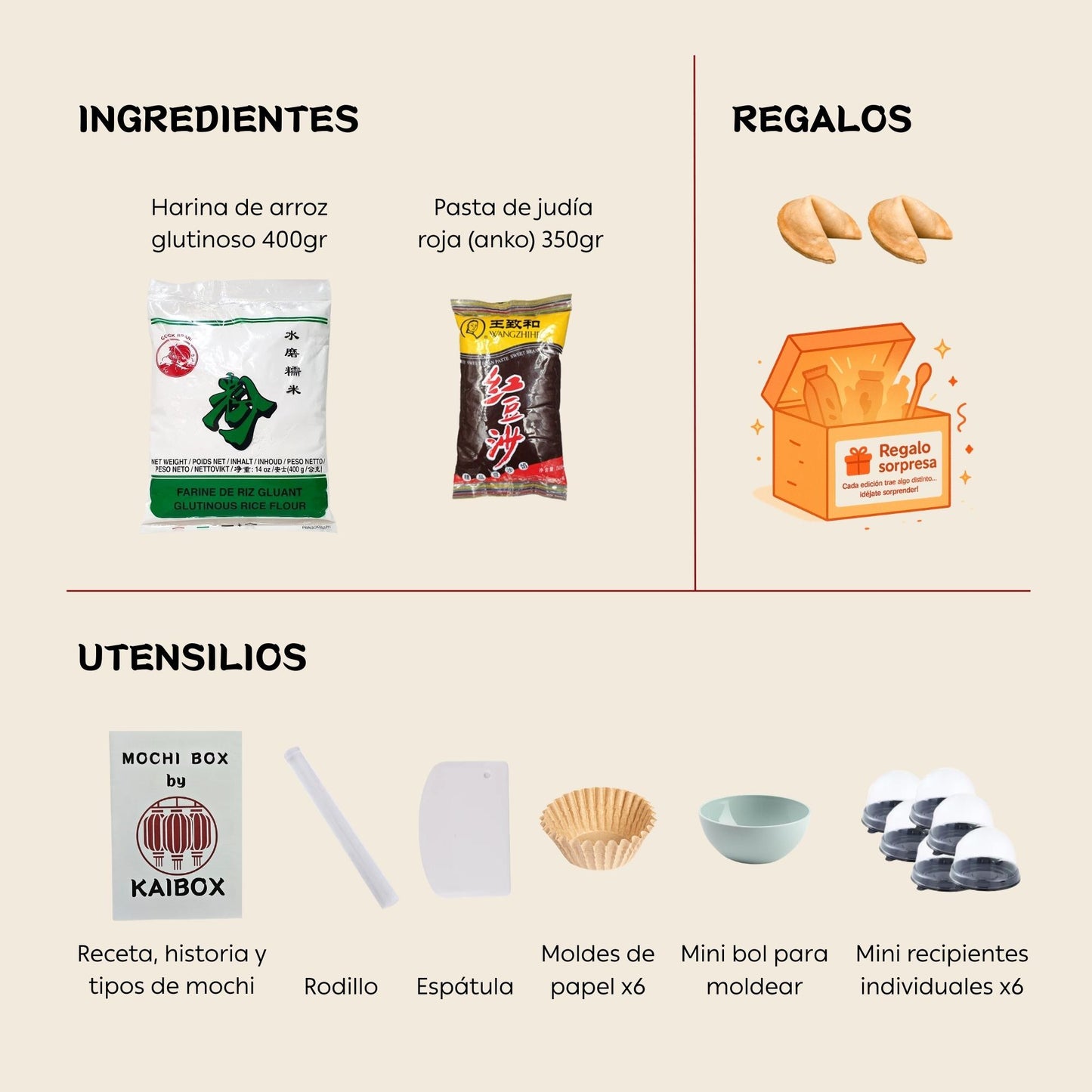 Detalle de ingredientes de la caja regalo de kit para hacer mochis en casa 