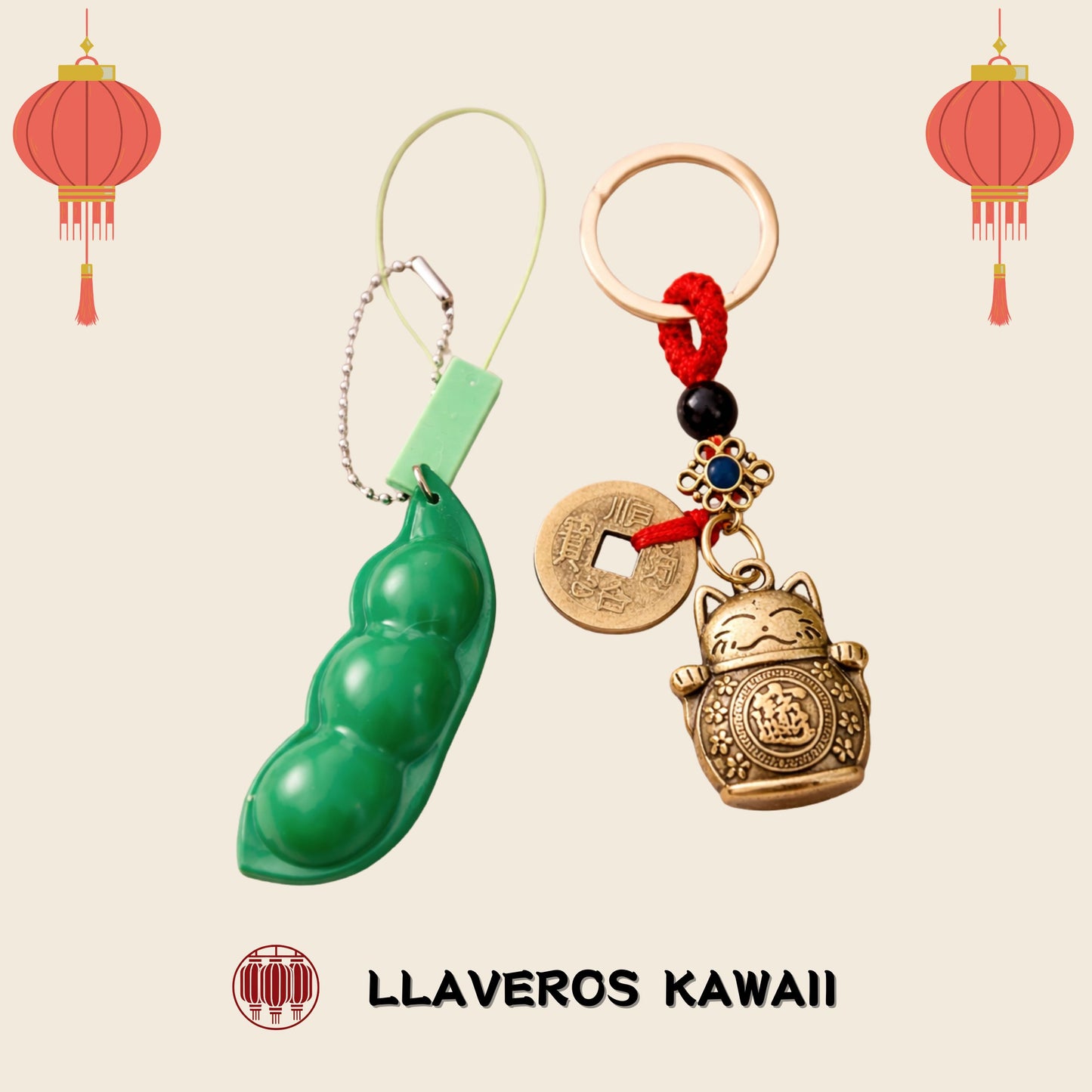 ✨ Llavero Kawaii Japonés – Maneki Neko 🐱 o Edamame 🫛 | Un toque de suerte y diversión para tu día