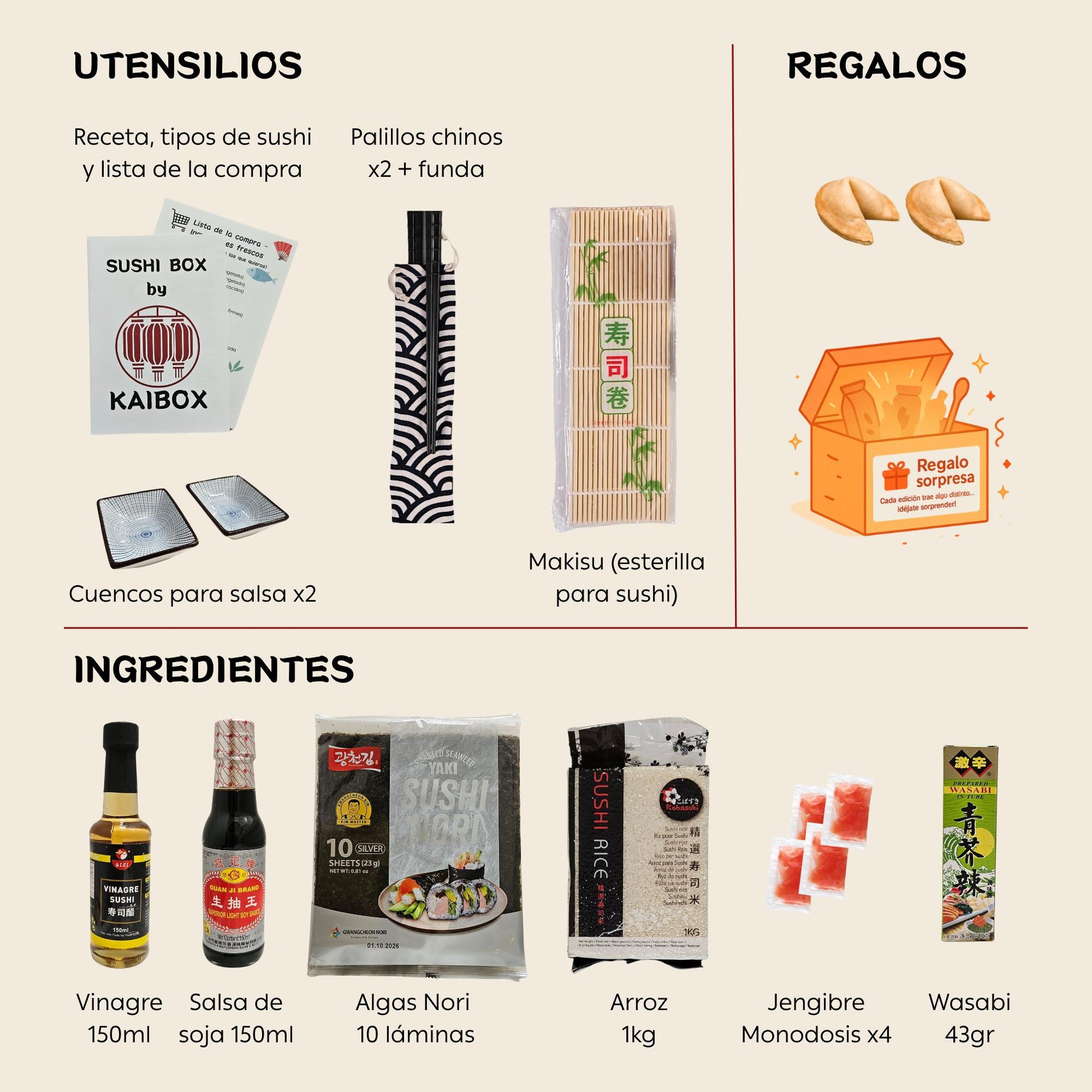 Ingredientes y accesorios de la Sushi Box, caja regalo de kit para hacer sushi en casa