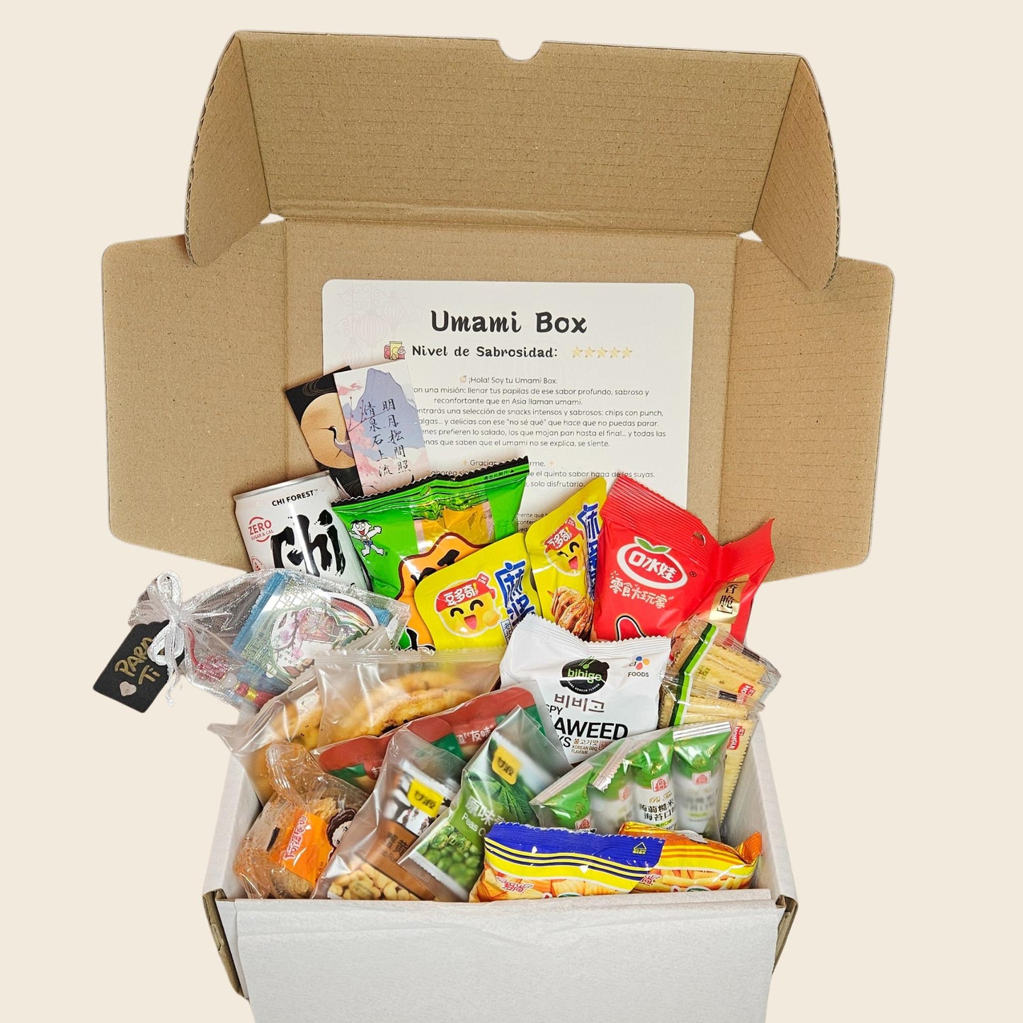 Caja abierta regalo snacks asiáticos umami