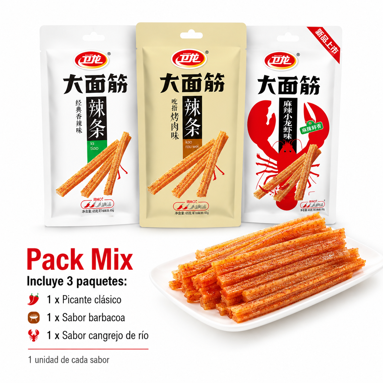 Tiras picantes "La Tiao" 106 g | Snack chino de gluten de trigo sabor intenso y picante
