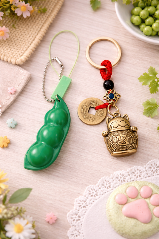 ✨ Llavero Kawaii Japonés – Maneki Neko 🐱 o Edamame 🫛 | Un toque de suerte y diversión para tu día
