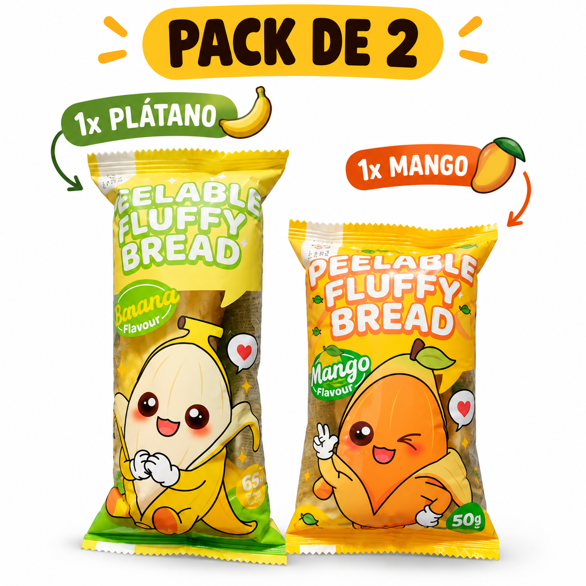 Bizcocho esponjoso pelable sabor plátano 65g o mango 50g| Dulce asiático tipo fluffy bread
