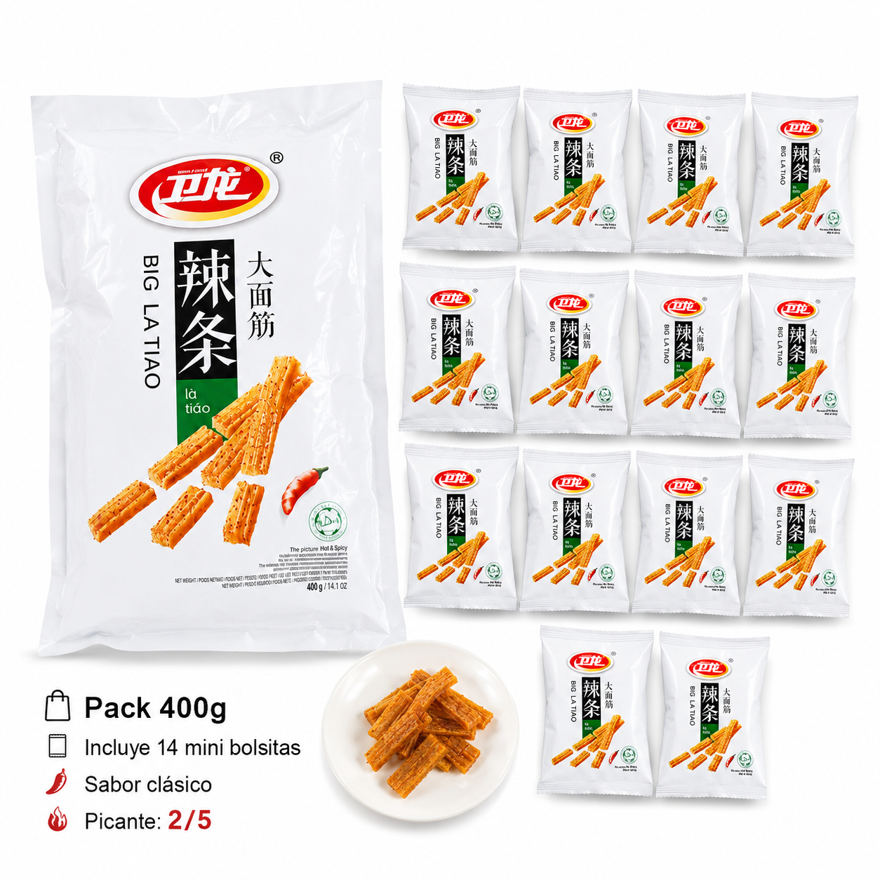 Tiras picantes "La Tiao" 106 g | Snack chino de gluten de trigo sabor intenso y picante