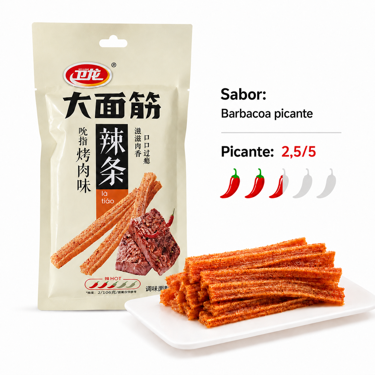 Tiras picantes "La Tiao" 106 g | Snack chino de gluten de trigo sabor intenso y picante